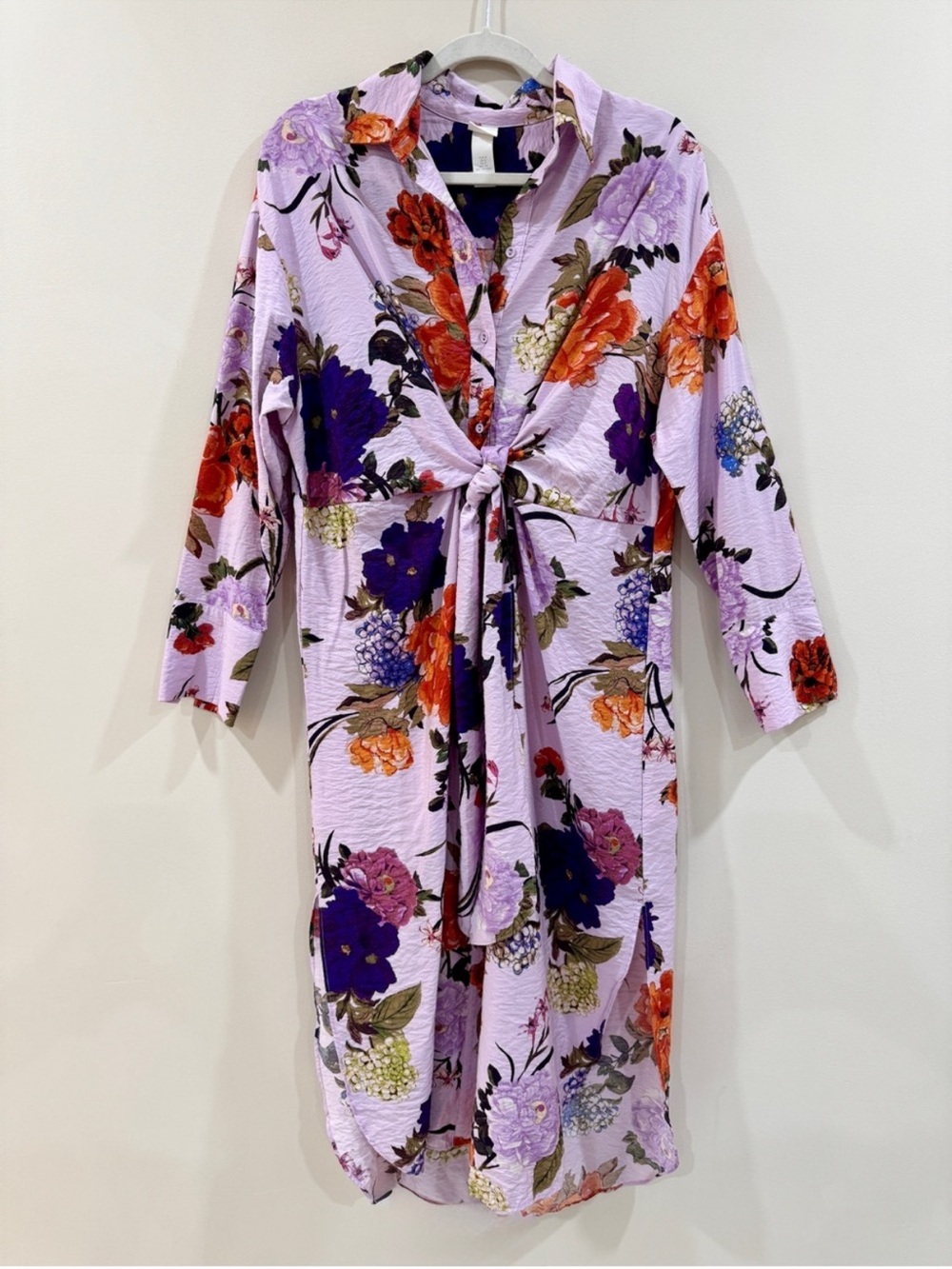 H&M Lavender Floral Tie-Front Shirt Dress with Purple and Orange Blooms